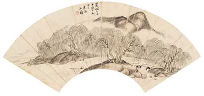 王孝禹 柳溪放艇 扇面